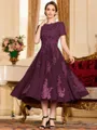 Polished A-Line Chiffon Lace Scoop Short Sleeves Tea-Length Mother of the Bride Dress