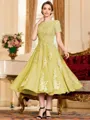 Polished A-Line Chiffon Lace Scoop Short Sleeves Tea-Length Mother of the Bride Dress