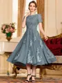 Polished A-Line Chiffon Lace Scoop Short Sleeves Tea-Length Mother of the Bride Dress
