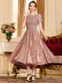 Polished A-Line Chiffon Lace Scoop Short Sleeves Tea-Length Mother of the Bride Dress