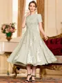 Polished A-Line Chiffon Lace Scoop Short Sleeves Tea-Length Mother of the Bride Dress
