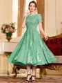 Polished A-Line Chiffon Lace Scoop Short Sleeves Tea-Length Mother of the Bride Dress