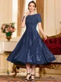 Polished A-Line Chiffon Lace Scoop Short Sleeves Tea-Length Mother of the Bride Dress