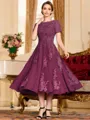 Polished A-Line Chiffon Lace Scoop Short Sleeves Tea-Length Mother of the Bride Dress