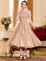 Polished A-Line Chiffon Lace Scoop Short Sleeves Tea-Length Mother of the Bride Dress