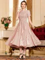 Polished A-Line Chiffon Lace Scoop Short Sleeves Tea-Length Mother of the Bride Dress