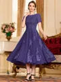 Polished A-Line Chiffon Lace Scoop Short Sleeves Tea-Length Mother of the Bride Dress