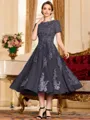 Polished A-Line Chiffon Lace Scoop Short Sleeves Tea-Length Mother of the Bride Dress