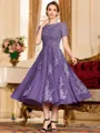 Polished A-Line Chiffon Lace Scoop Short Sleeves Tea-Length Mother of the Bride Dress