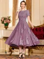 Polished A-Line Chiffon Lace Scoop Short Sleeves Tea-Length Mother of the Bride Dress
