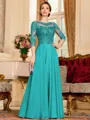 Chic A-Line Chiffon Lace Scoop 3/4 Sleeves Floor-Length Mother of the Bride Dress