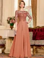 Chic A-Line Chiffon Lace Scoop 3/4 Sleeves Floor-Length Mother of the Bride Dress