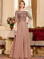 Chic A-Line Chiffon Lace Scoop 3/4 Sleeves Floor-Length Mother of the Bride Dress