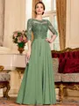 Chic A-Line Chiffon Lace Scoop 3/4 Sleeves Floor-Length Mother of the Bride Dress