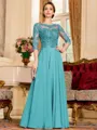 Chic A-Line Chiffon Lace Scoop 3/4 Sleeves Floor-Length Mother of the Bride Dress