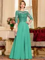 Chic A-Line Chiffon Lace Scoop 3/4 Sleeves Floor-Length Mother of the Bride Dress