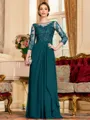 Glamorous A-Line Chiffon Lace Scoop 3/4 Sleeves Floor-Length Mother of the Bride Dress