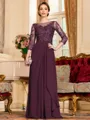 Glamorous A-Line Chiffon Lace Scoop 3/4 Sleeves Floor-Length Mother of the Bride Dress