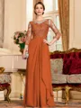 Glamorous A-Line Chiffon Lace Scoop 3/4 Sleeves Floor-Length Mother of the Bride Dress