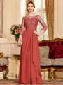 Glamorous A-Line Chiffon Lace Scoop 3/4 Sleeves Floor-Length Mother of the Bride Dress