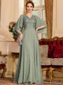 Resplendent A-Line Chiffon Applique V-Neck 1/2 Sleeves Floor-Length Mother of the Bride Dress