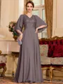 Resplendent A-Line Chiffon Applique V-Neck 1/2 Sleeves Floor-Length Mother of the Bride Dress