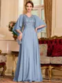 Resplendent A-Line Chiffon Applique V-Neck 1/2 Sleeves Floor-Length Mother of the Bride Dress