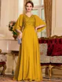 Resplendent A-Line Chiffon Applique V-Neck 1/2 Sleeves Floor-Length Mother of the Bride Dress