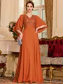 Resplendent A-Line Chiffon Applique V-Neck 1/2 Sleeves Floor-Length Mother of the Bride Dress