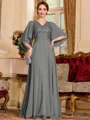 Resplendent A-Line Chiffon Applique V-Neck 1/2 Sleeves Floor-Length Mother of the Bride Dress