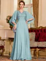 Resplendent A-Line Chiffon Applique V-Neck 1/2 Sleeves Floor-Length Mother of the Bride Dress