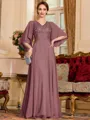 Resplendent A-Line Chiffon Applique V-Neck 1/2 Sleeves Floor-Length Mother of the Bride Dress