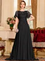Gracious A-Line Chiffon Applique Scoop Short Sleeves Sweep Train Mother of the Bride Dress