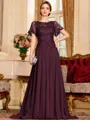 Gracious A-Line Chiffon Applique Scoop Short Sleeves Sweep Train Mother of the Bride Dress