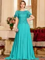 Gracious A-Line Chiffon Applique Scoop Short Sleeves Sweep Train Mother of the Bride Dress