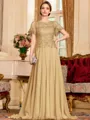 Gracious A-Line Chiffon Applique Scoop Short Sleeves Sweep Train Mother of the Bride Dress