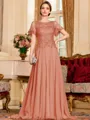 Gracious A-Line Chiffon Applique Scoop Short Sleeves Sweep Train Mother of the Bride Dress