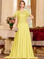 Gracious A-Line Chiffon Applique Scoop Short Sleeves Sweep Train Mother of the Bride Dress