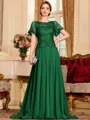Gracious A-Line Chiffon Applique Scoop Short Sleeves Sweep Train Mother of the Bride Dress