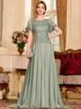Gracious A-Line Chiffon Applique Scoop Short Sleeves Sweep Train Mother of the Bride Dress