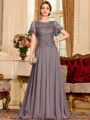 Gracious A-Line Chiffon Applique Scoop Short Sleeves Sweep Train Mother of the Bride Dress