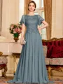 Gracious A-Line Chiffon Applique Scoop Short Sleeves Sweep Train Mother of the Bride Dress