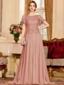 Gracious A-Line Chiffon Applique Scoop Short Sleeves Sweep Train Mother of the Bride Dress