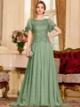 Gracious A-Line Chiffon Applique Scoop Short Sleeves Sweep Train Mother of the Bride Dress