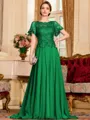 Gracious A-Line Chiffon Applique Scoop Short Sleeves Sweep Train Mother of the Bride Dress