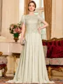 Gracious A-Line Chiffon Applique Scoop Short Sleeves Sweep Train Mother of the Bride Dress