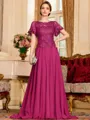 Gracious A-Line Chiffon Applique Scoop Short Sleeves Sweep Train Mother of the Bride Dress