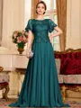 Gracious A-Line Chiffon Applique Scoop Short Sleeves Sweep Train Mother of the Bride Dress