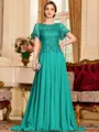 Gracious A-Line Chiffon Applique Scoop Short Sleeves Sweep Train Mother of the Bride Dress