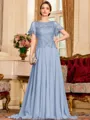 Gracious A-Line Chiffon Applique Scoop Short Sleeves Sweep Train Mother of the Bride Dress